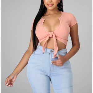 Coral Ribbed Self Tie Crop Top